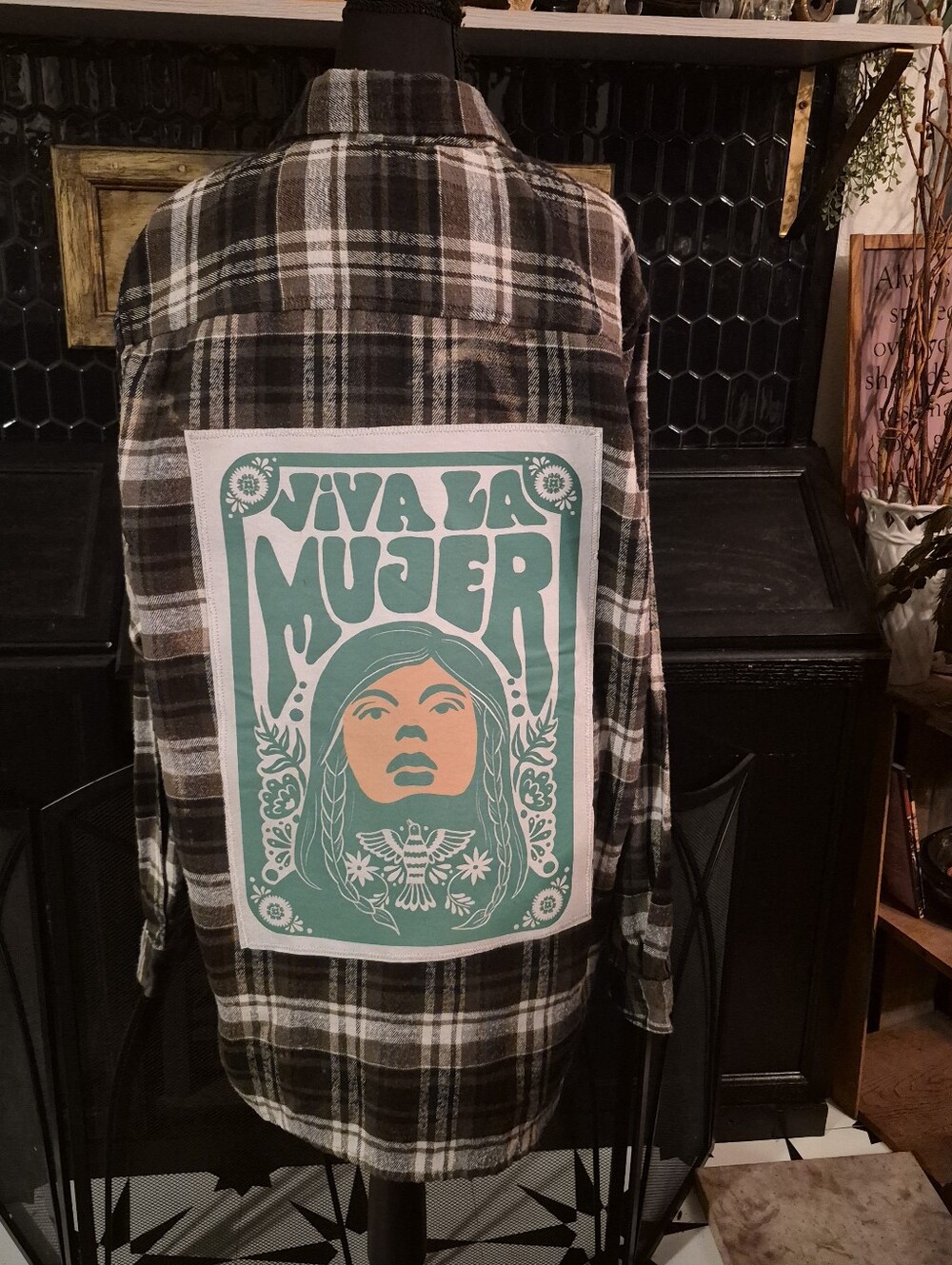 Upcycled Bleached And Distressed Plaid Flannel Shirt  'Viva La Mujer' Back Patch